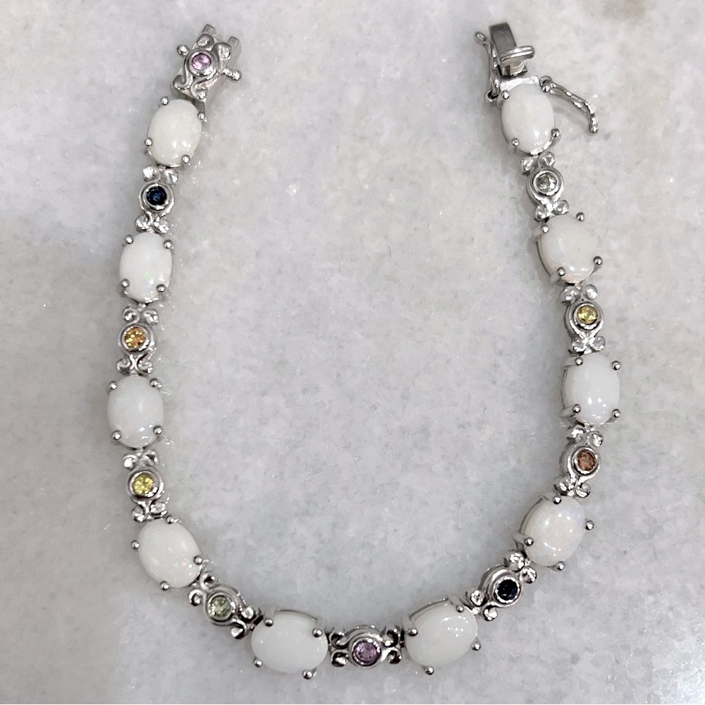 Australian White Opal Multi Sapphire Sterling Silver Bracelet